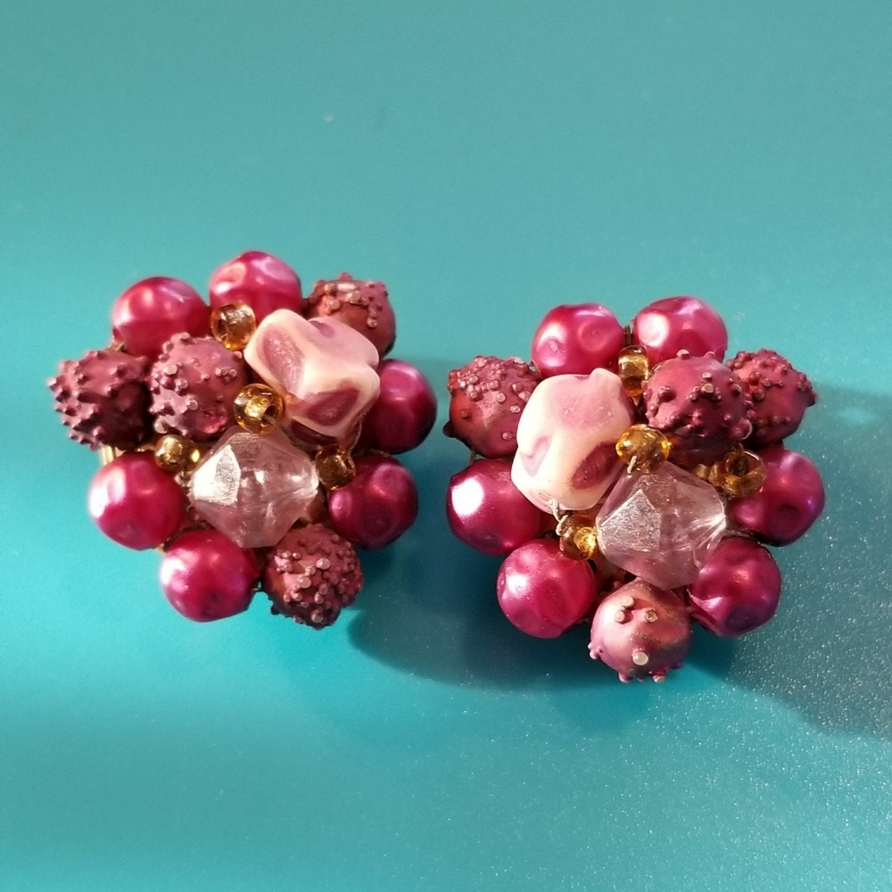 Vintage earrings purple bead clip earrings lavender gold